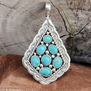 Chester Charley Navajo Handmade Turquoise Cluster Pendant sterling signed